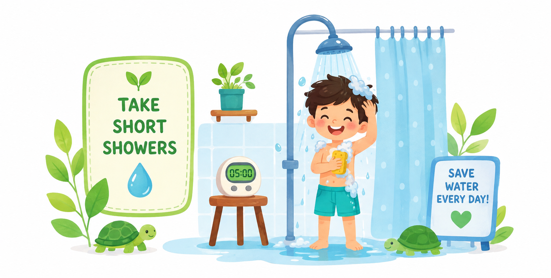 A cheerful child taking a short shower with a 5-minute timer to save water every day