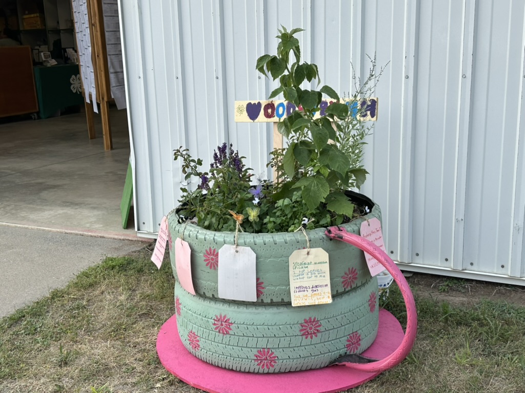The finished recycled tire container garden on display at the Washington County Fair