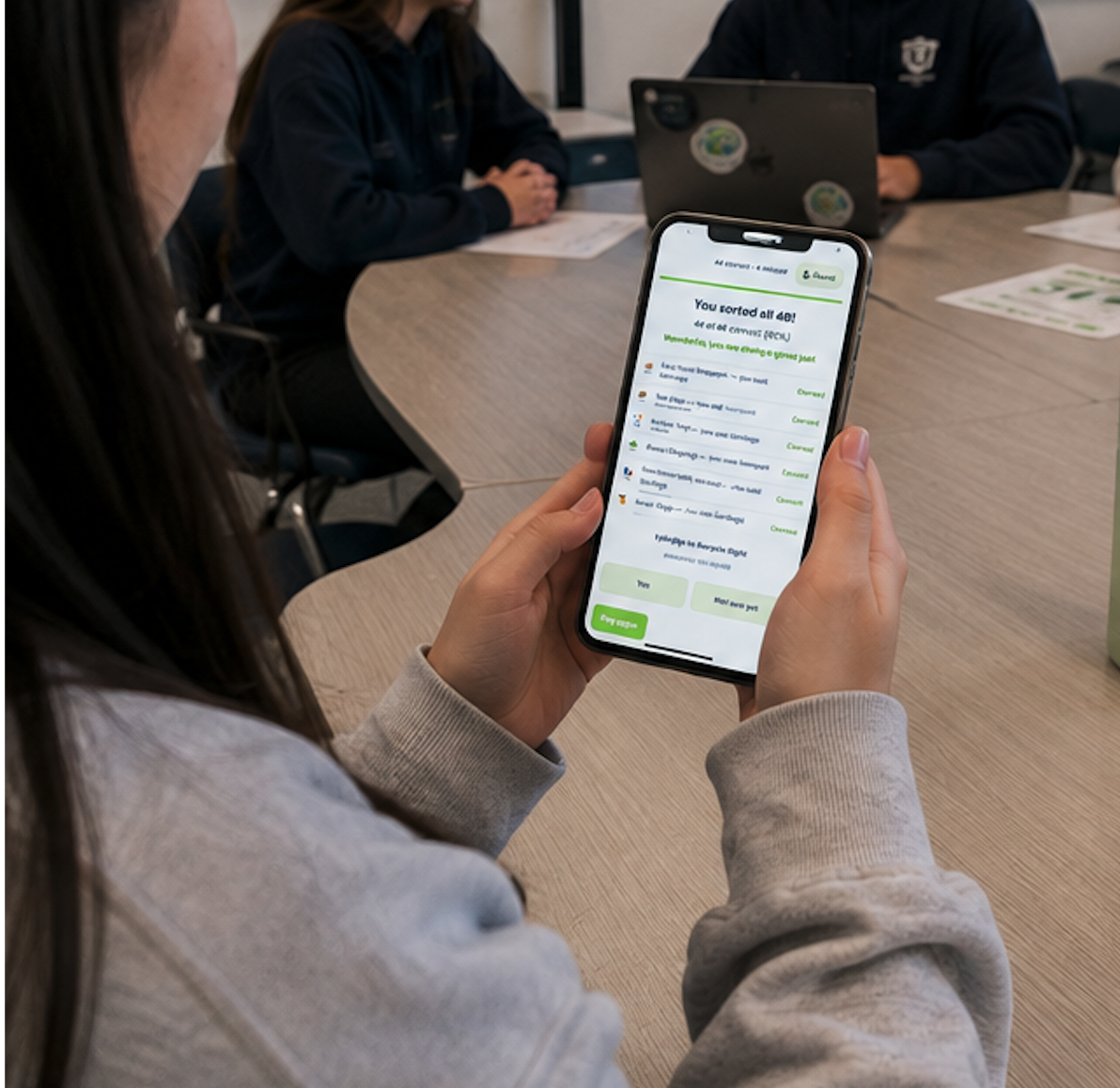 A student reviewing her Recycle Right Game results on a phone during the club meeting