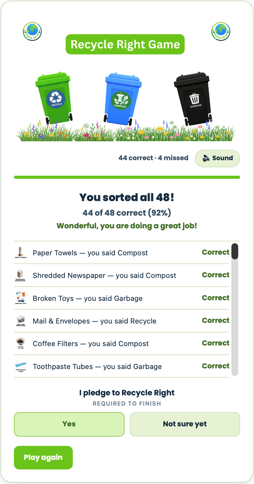 Recycle Right Game results screen showing a student's score