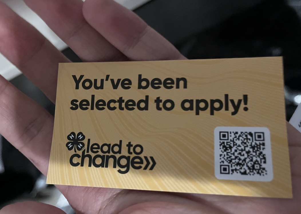 A 4-H Lead to Change card reading "You've been selected to apply!"