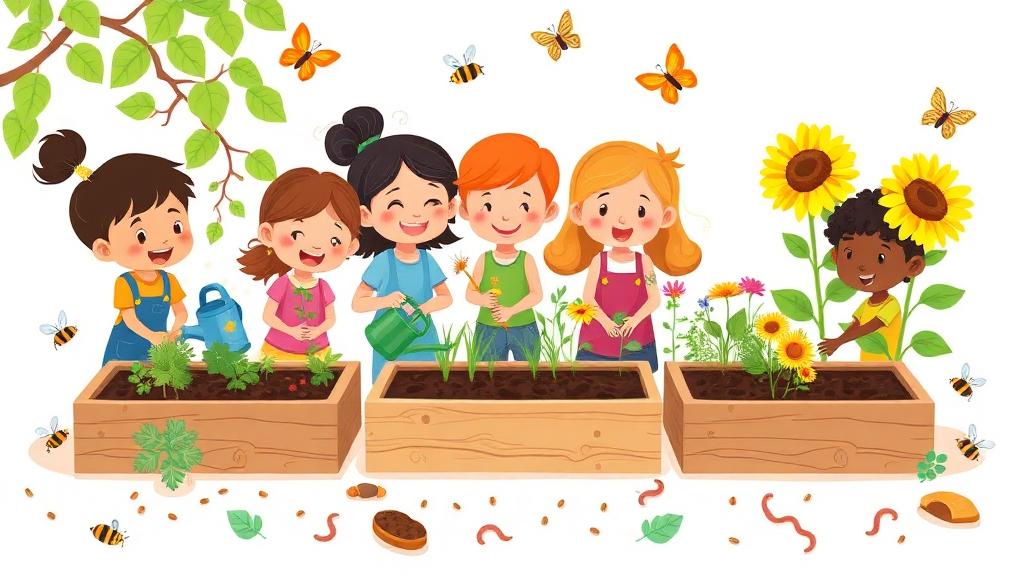 Children planting and caring for a garden