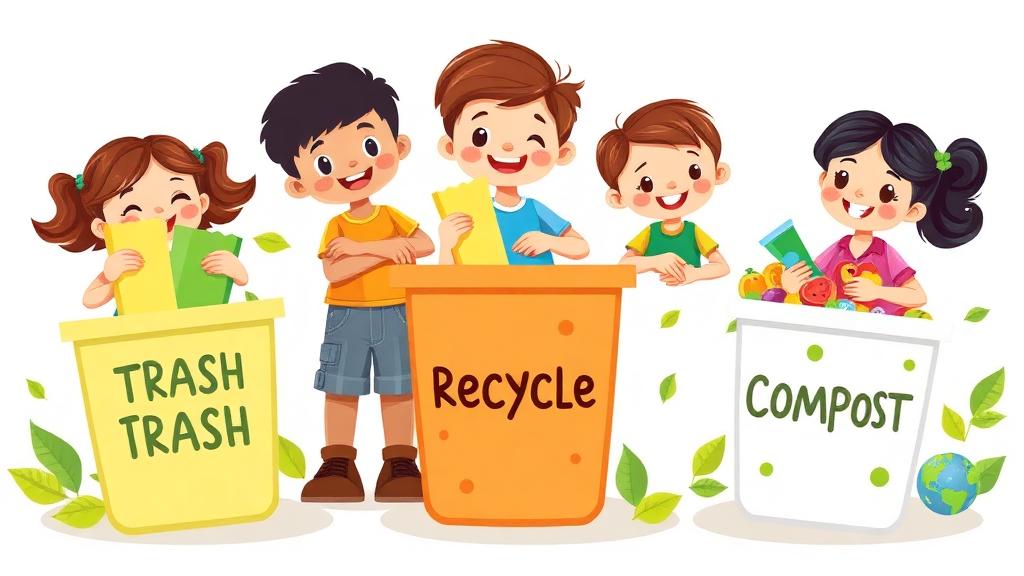 Children sorting items into trash, recycling, and compost bins