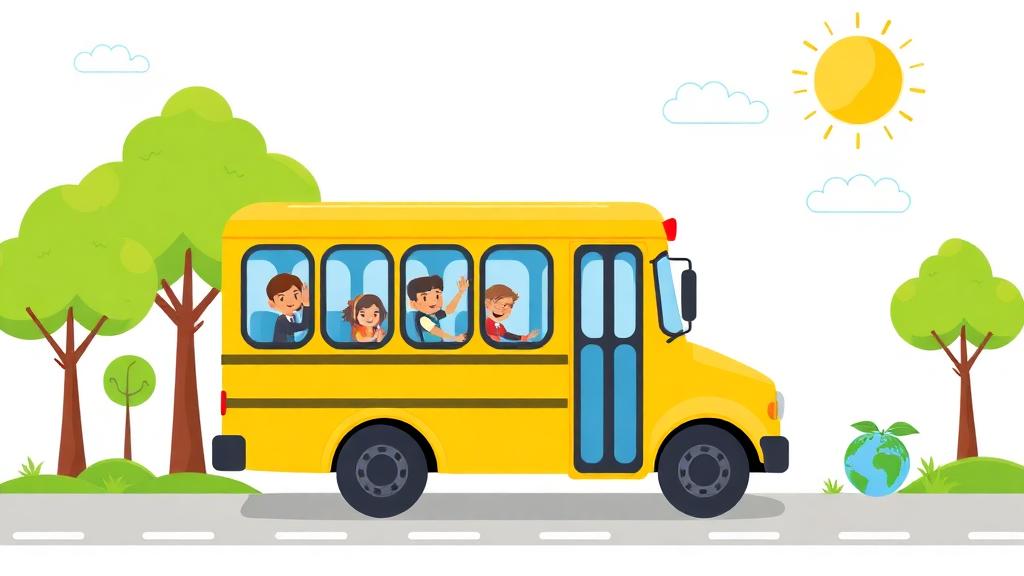 Children riding a yellow school bus through a green landscape